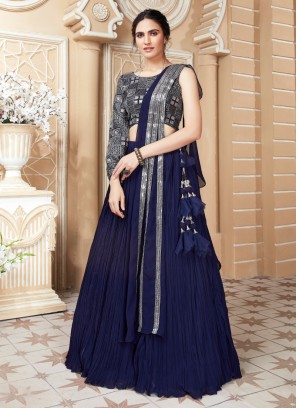 Navy Blue Chiffon Lehenga With Embroidered Choli