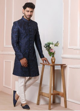 Navy Blue Designer Art Banarasi Silk Sherwani