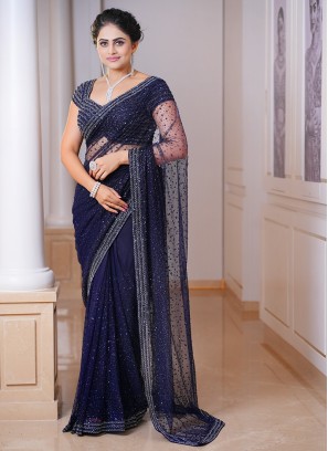 Light Dusty Blue Embroidered Net Saree