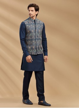 Navy Blue Embroidered Nehru Jacket Set