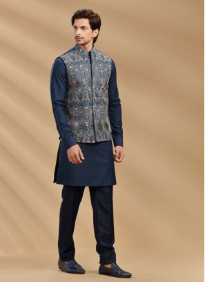 Navy Blue Embroidered Nehru Jacket Set