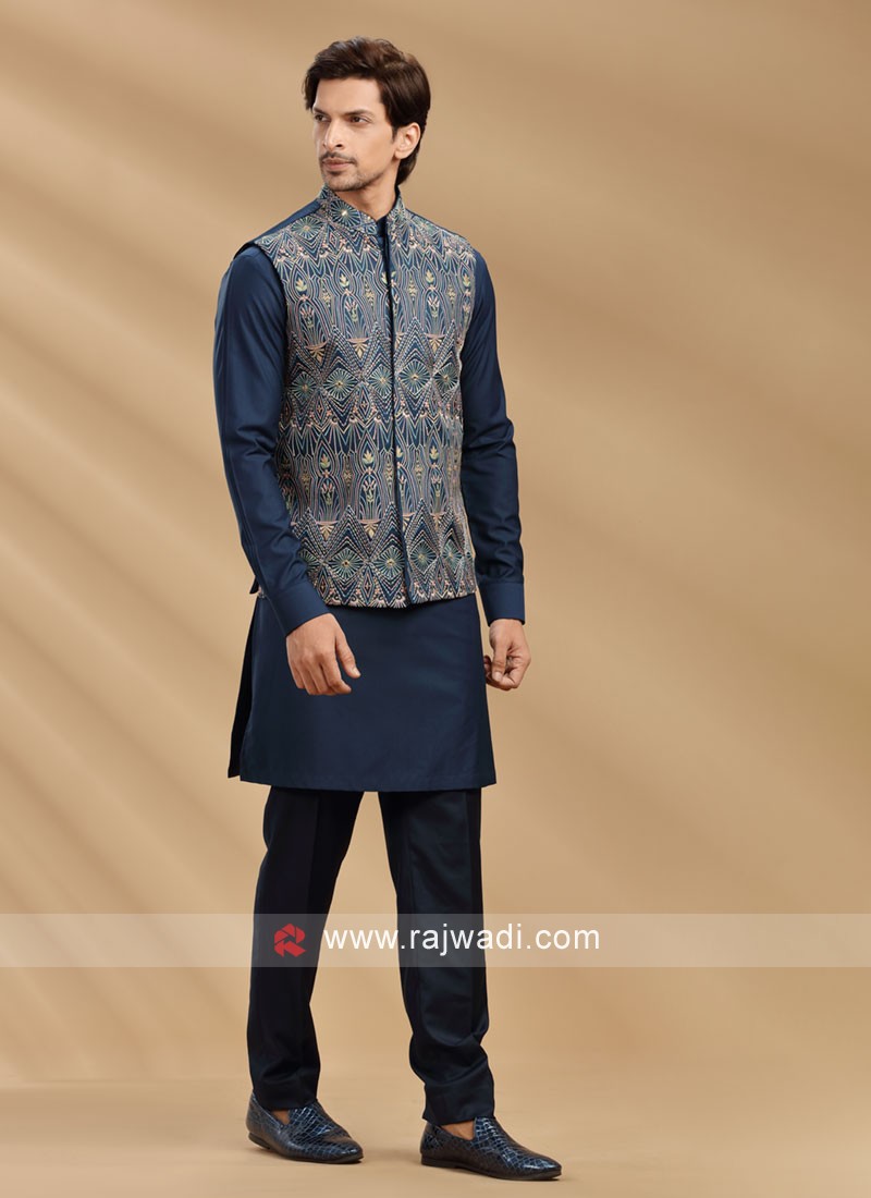 Blue kurta with nehru jacket best sale