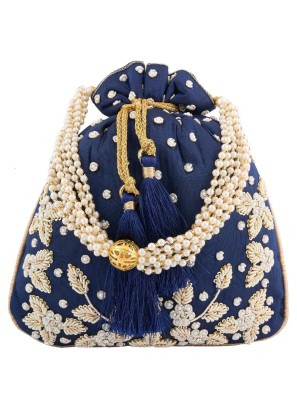 Navy Blue Embroidered Potli Bag