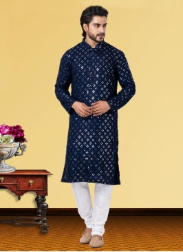 Navy Blue Embroidered Readymade Kurta Pajama