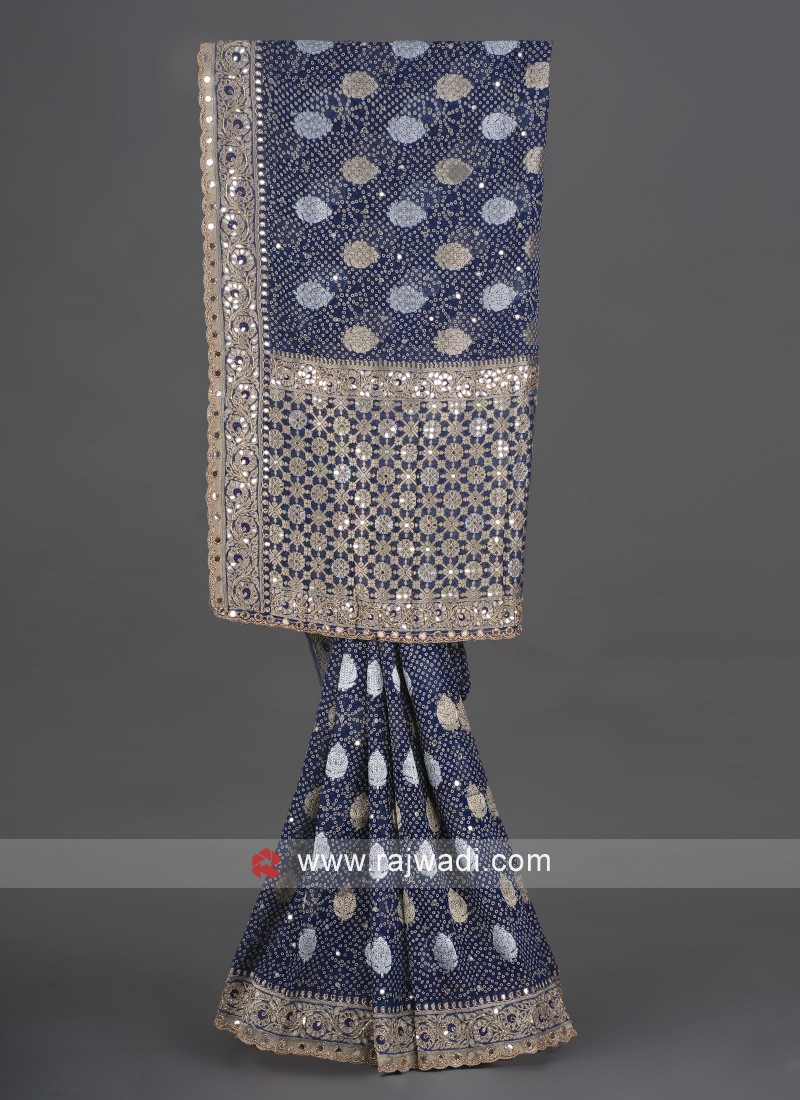 Navy Blue Festive Wear Banarasi Chiffon Silk Saree