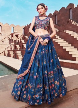 Navy Blue Floral Printed Designer Silk Lehenga Choli