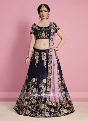 Navy Blue Flower Work Lehenga