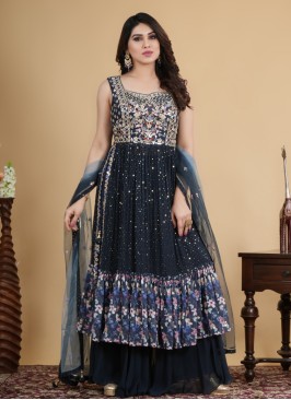 Navy Blue Georgette Embroidered Palazzo Suit