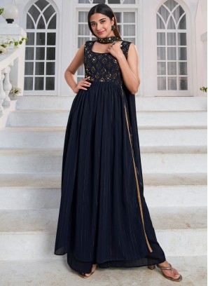 Georgette Navy Blue Embroidered Indian Long Anarkali Dress