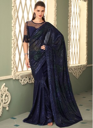 Navy Blue Georgette Sequins Wedding Saree