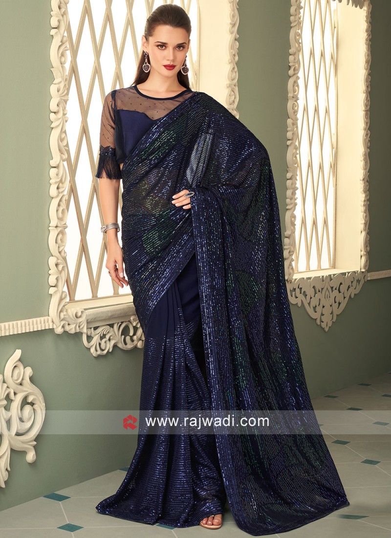 Stunning Navy blue Banarasi raw silk Wedding Saree - sr16792