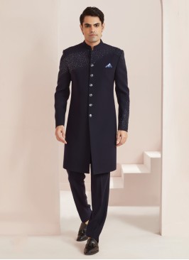 Navy Blue Imported Silk Indowestern Set