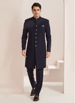 Navy Blue Imported Silk Indowestern Set