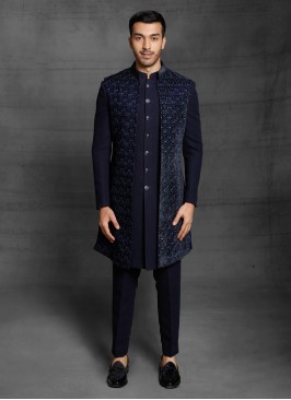 Navy Blue Imported Wedding Wear Indowestern