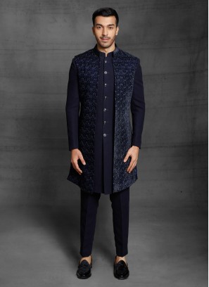 Navy Blue Imported Wedding Wear Indowestern