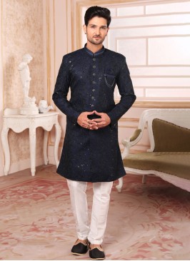 Navy Blue Indowestern Set In Art Silk