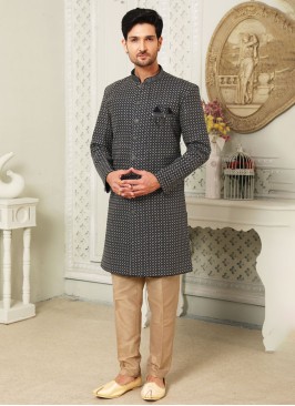 Navy Blue Indowestern Set In Thread Designs