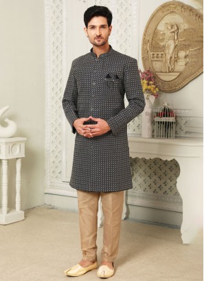 Navy Blue Indowestern Set In Thread Designs