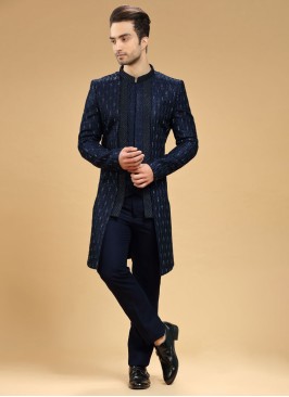 Navy Blue Jacket Style Indowestern In Silk