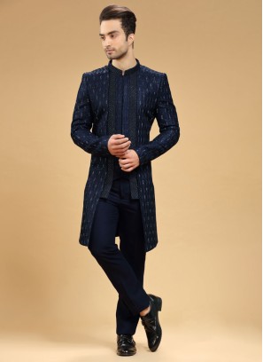 Navy Blue Jacket Style Indowestern In Silk