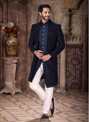 Navy Blue Jacket Style Indowestern in velvet