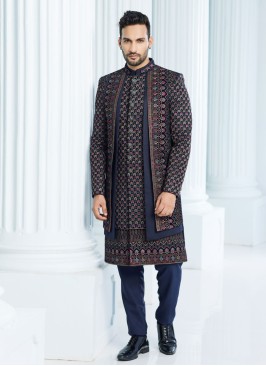 Navy Blue Jacket Style Indowestern Set For Groom