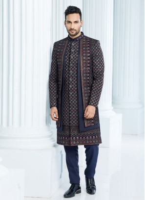 Navy Blue Jacket Style Indowestern Set For Groom