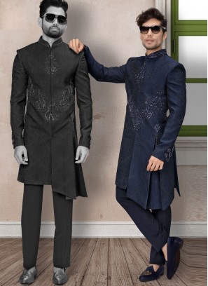 Navy Blue Jacquard Silk Wedding Indowestern