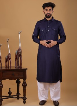 Navy Blue Long Sleeves Terry Cotton Pathani Suit