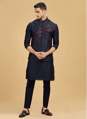 Navy Blue Nehru Jacket Set In Art Silk