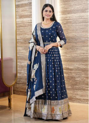 Festive Navy Blue Organza Anarkali Dress With Dupatta