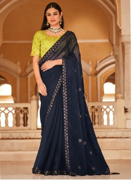 Navy Blue Party Wear Chinon Silk Saree