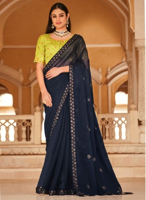 Navy Blue Party Wear Chinon Silk Saree