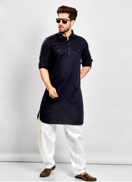 Navy Blue Pathani Set In Cotton Fabric