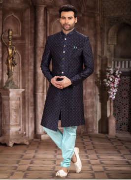 Navy Blue Printed Indowestern Set