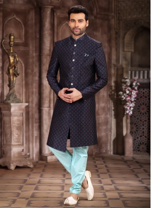 Navy Blue Printed Indowestern Set