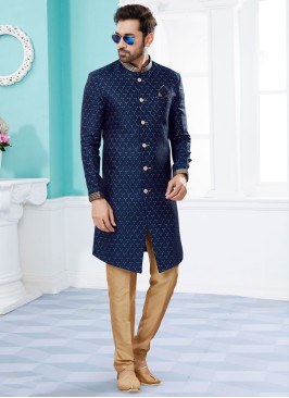 Navy Blue Readymade Asymmetric Indowestern Set