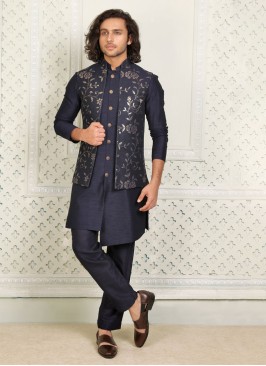 Navy Blue Readymade Nehru Jacket Set For Men