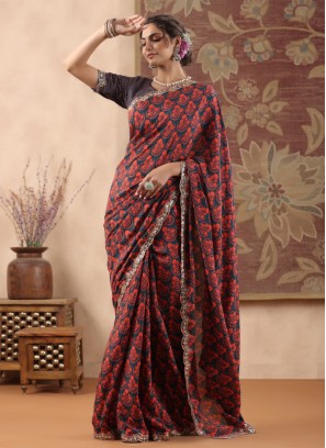 Navy Blue Satin Silk Saree With Fancy Print