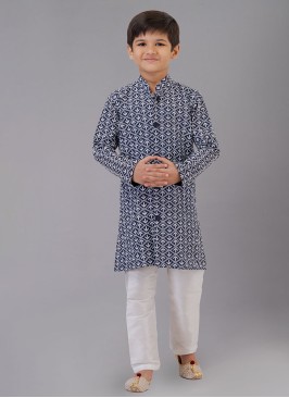 Navy Blue Thread Embroidered Cotton Silk Kurta Pajama