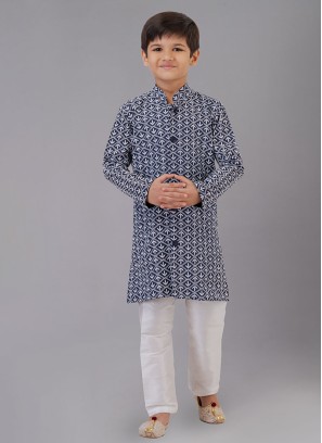 Navy Blue Thread Embroidered Cotton Silk Kurta Pajama