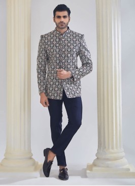 Navy Blue Thread Embroidered Jodhpuri Suit