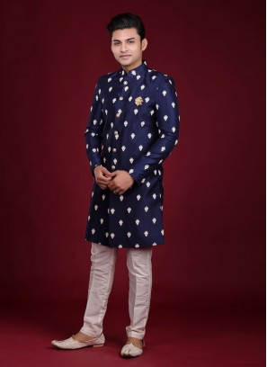 Navy Blue Thread Work Indowestern For Mens