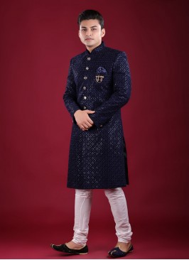 Navy Blue Thread Work Indowestern For Mens