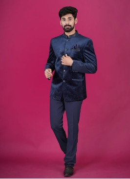 Navy Blue Velvet Jodhpuri Suit