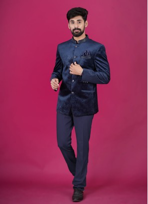 Navy Blue Velvet Jodhpuri Suit