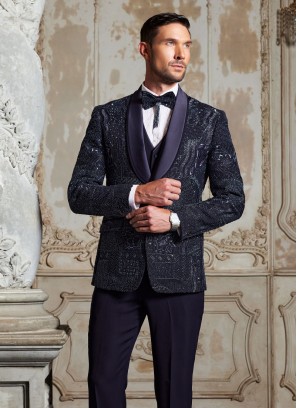 Navy Blue Wedding Embroidered Imported Fabric Suit