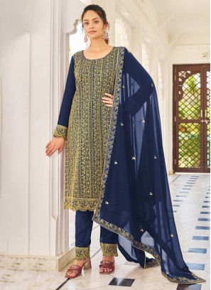 Navy Blue Wedding Wear Georgette Dress Material