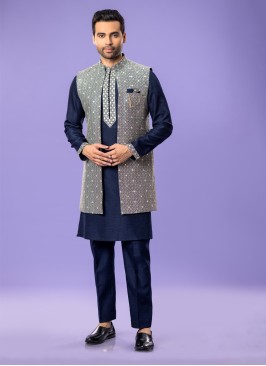 Navy Blue Wedding Wear Nehru Jacket Set