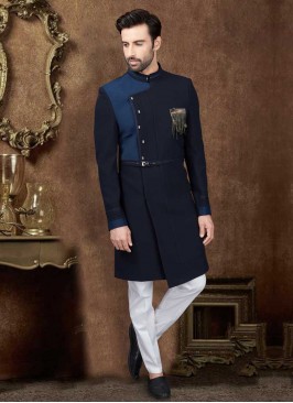 Nawabi Style Indo-Western In Navy Blue Color